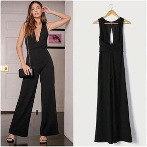 Lulus Make Memories Black Plunge Sleeveless Wide-Leg Jumpsuit Size Small